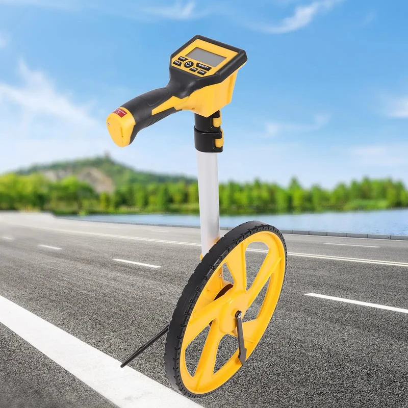 Digital Measuring Wheel With Aluminum Alloy Frame And Telescopic Pole For Construction Surveying And Road Layout Distance Tracking Featuring Bright Lcd Display And Feet Inch Meter Readouts Straight Up Rock Solid