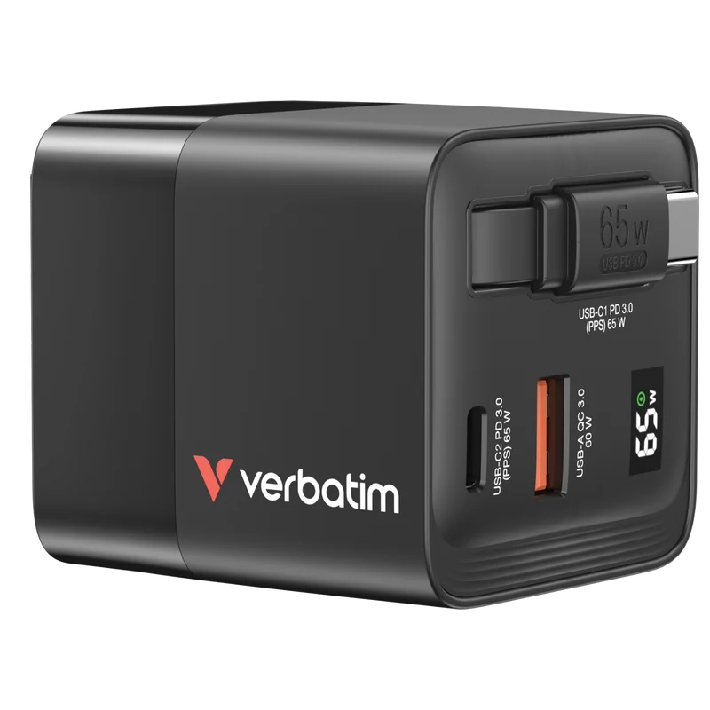 Verbatim GaN Charger 65W med udtrækkelig kabel