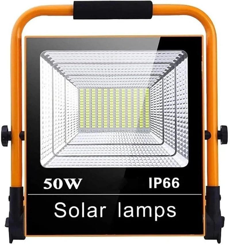 Heavy-Duty 50W Solar Rechargeable LED Floodlight With Strobe And Red Blue Emergency Warning Lights Rugged Waterproof Work Lamp For Outdoor Security Tailgate Camping And Pro Job Sites Beast Mode Lighting