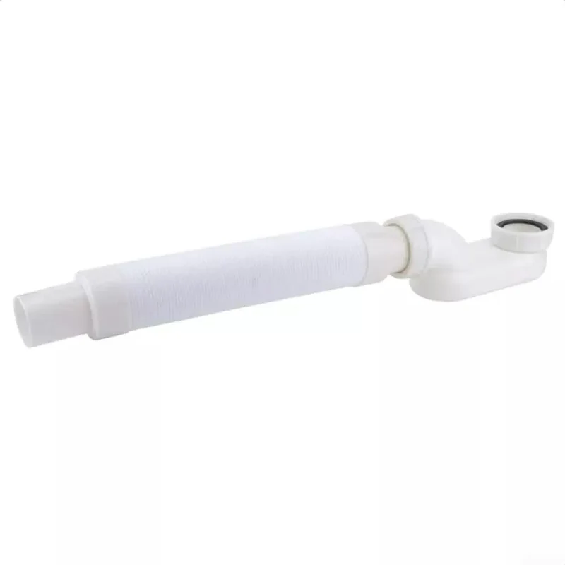 Super Sleek Flat Bathtub Drain Pipe Kit With Flexible Waste Pipe For Freestanding Tub Low Profile P-Trap And Extendable 92Cm Length To Crush Tight Spaces With Slick White Finish And G1-1/2 Connection Total Space Game Changer