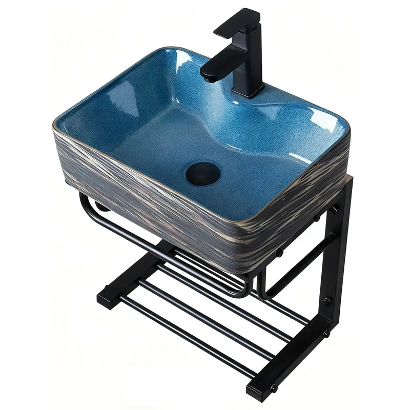 Wall Mounted Premium High Density Ceramic Vessel Sink With Sleek Rectangular U Shaped Basin And Heavy Duty Faucet And Sturdy Metal Pedestal Stand For Compact Bathrooms