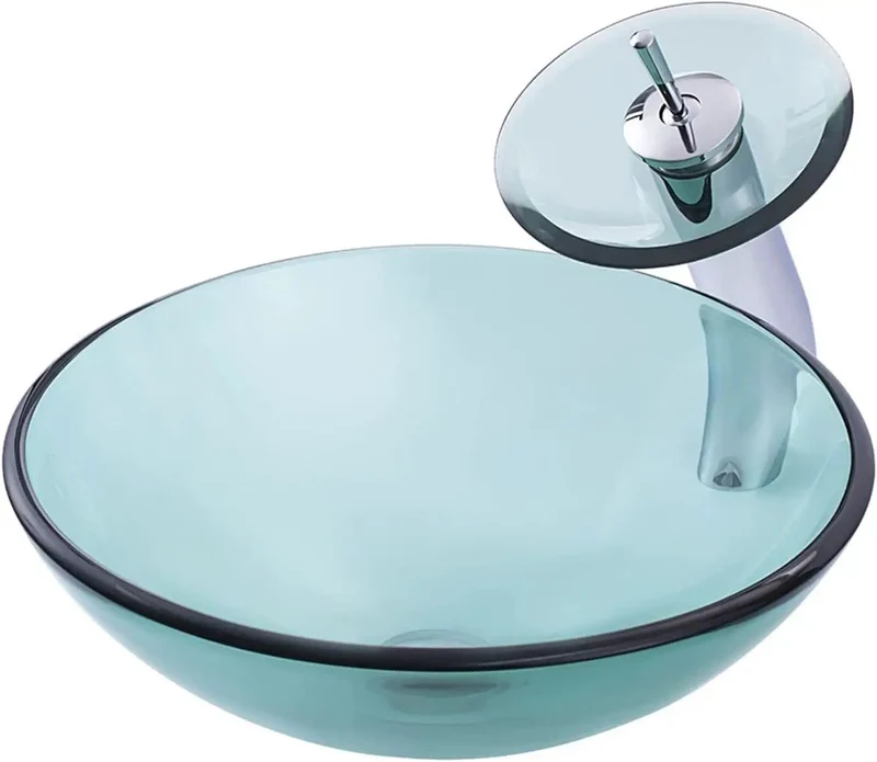 Heavy Duty Tempered Glass Vessel Sink With Waterfall Faucet And Drain Combo For Modern Bathroom Countertops Hella Durable Scratch Resistant Non Porous Top Slick Smooth Finish