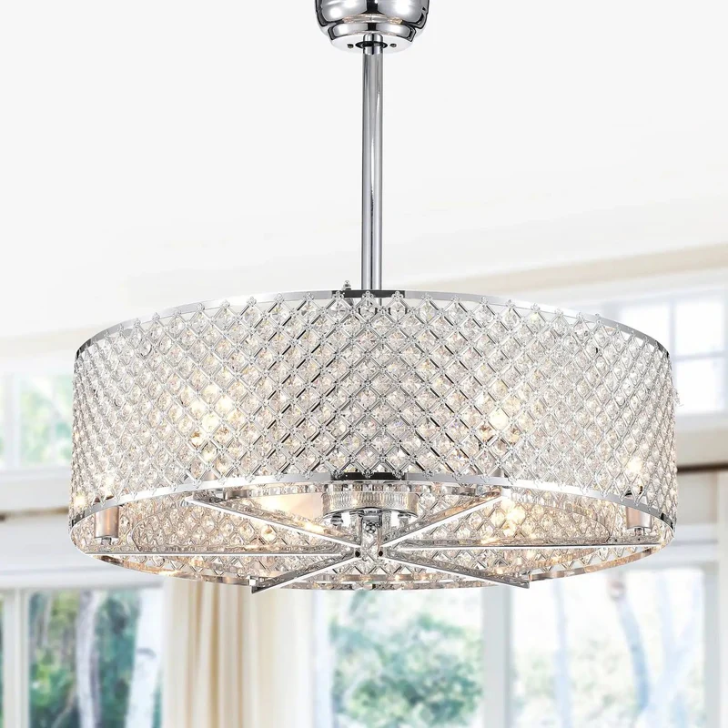 Knockout Lighted Ceiling Fan With Remote Control And Slick Crystal Drum Shade For Smooth Home Airflow Stylish Decor Quick Setup Perfect For Living Areas And Chill Vibes A Dang Good Upgrade For Your Indoor Space