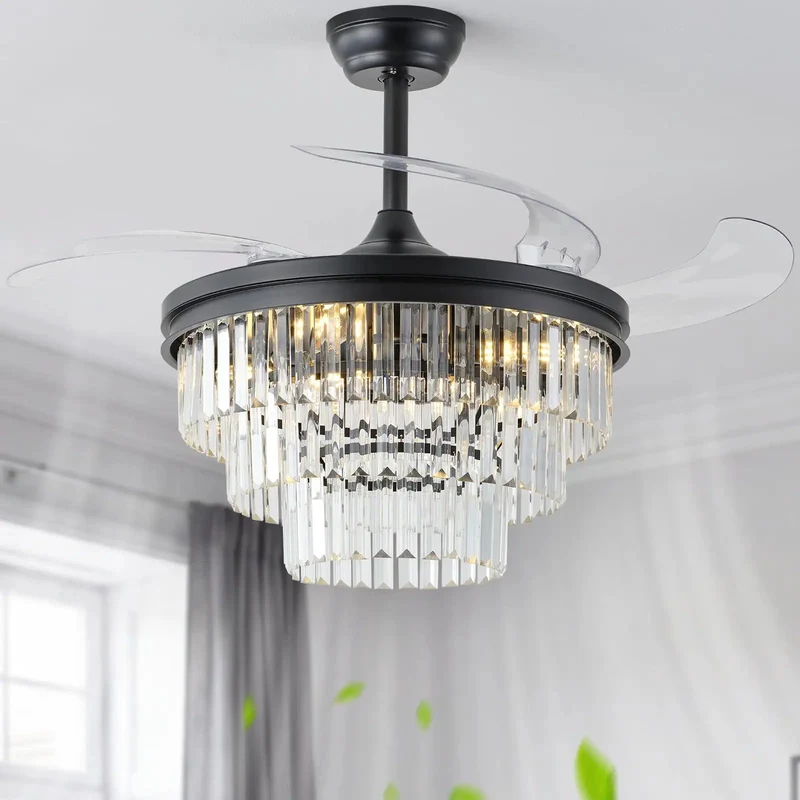 Solid 42 Inch Black Crystal Retractable Ceiling Fan With Remote Control A Three Layer Sparkling Fandelier That Kicks Up Serious Smooth Vibes For Your Bedroom Or Living Room