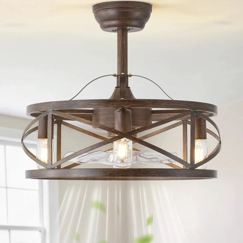 20 Inch Rustic Farmhouse Fandelier With Lights And Remote, Hella Quiet Bladeless Caged Ceiling Fan, Reversible 6 Speed Chandelier Timer For Bedroom Kitchen, Dark Brown Wood Grain Style