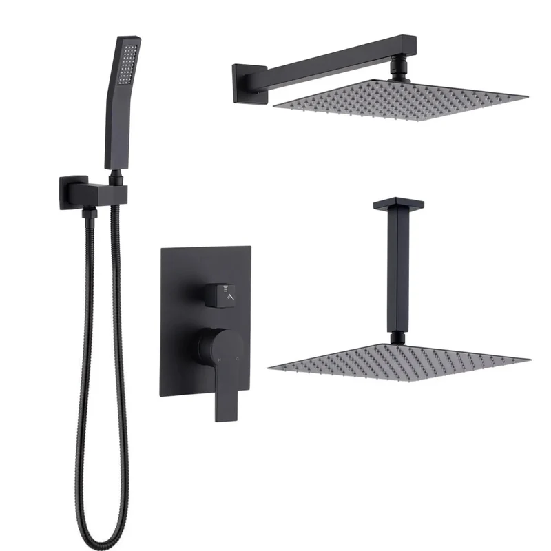 Rock Solid Ceiling Mount Rainfall Shower System With Heavier Gauge All Metal Handheld Sprayer In Matte Black Offering Self Cleaning Nozzles And Dead Simple Install For Knockout Wide Coverage Flow