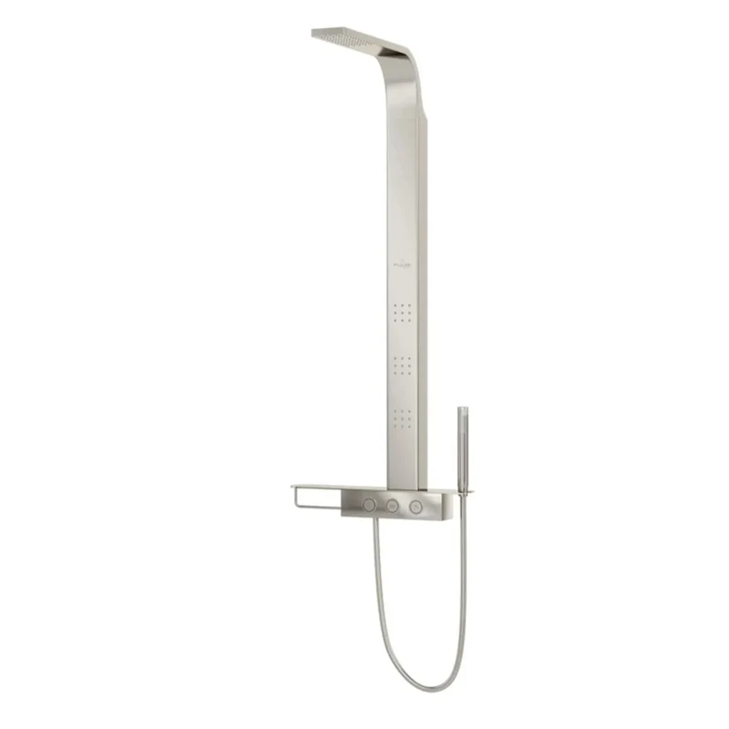 Modern Stainless Steel Shower System With Rain Head And Powerful Body Jets Plus Hand Shower And Storage Shelf Featuring Slick Brushed Finish For A Clean Bathroom Setup That Is Straight Up Top Tier