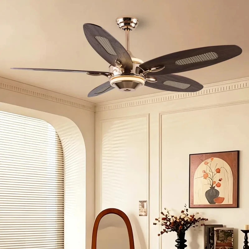 52 Inch Modern Plywood Ceiling Fan With Dimmable Led Light And Wireless Remote For Living Room Featuring Silent Motor Six Wind Speeds And Top Notch Golden Finish For Zero Hassle Cooling