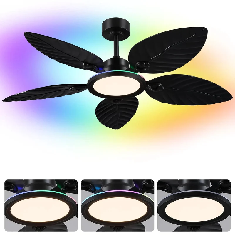 52 Inch Black Flush Mount Palm Leaf Tropical Ceiling Fan With Super Bright Rgb Led Light Great For Outdoor Patio Vibe Featuring Stepless Dimming Cool Modes And Ample Luminous Area To Keep The Backyard Chill Flowing Smooth.