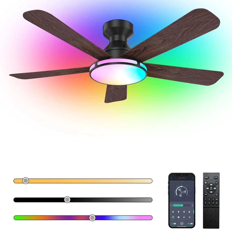 46 Inch Low Profile Flush Mount Ceiling Fan With Dope Rgb Lighting And Five Sturdy Wood Blades For Modern Farmhouse Vibes And Smooth Airflow Remote Control Home Setup