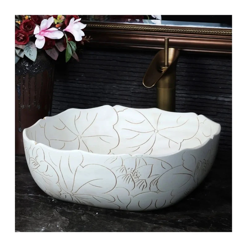 Square Ceramic Vessel Sink Featuring Hand Carved Lotus Motif And Premium Countertop Bathroom Washbasin Delivering Top Shelf Styling And A Total Room Glow Up With Zero Sweat Setup