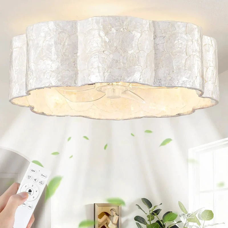 Slick Coastal Boho Fandelier Sports Hand Finished Capiz Shade Covering Concealed Blades Smooth Gliding Motor Wireless Remote And Tight Flush Mount Setup For Effortless Chill