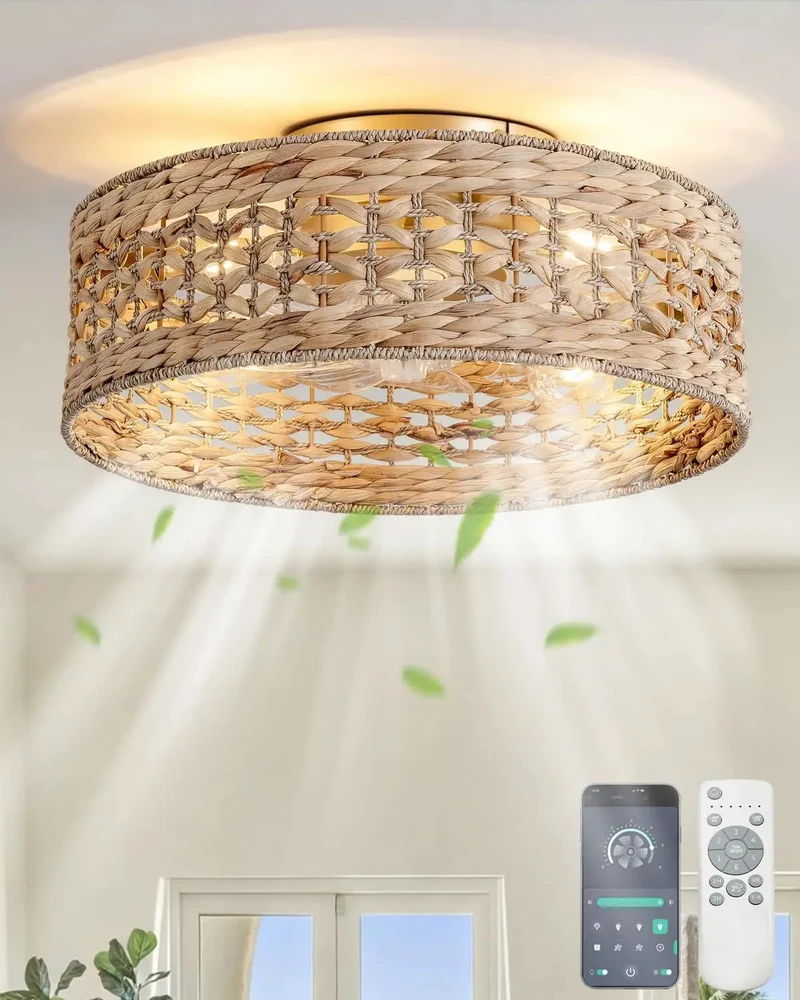 Boho Rattan Ceiling Fan Hits Different With Smart App Control, 6-Speed Reversible Motor, And Killer Handwoven Golden Cage, Flush Mount Fandelier Featuring Four E26 Sockets For That Badass Room Vibe