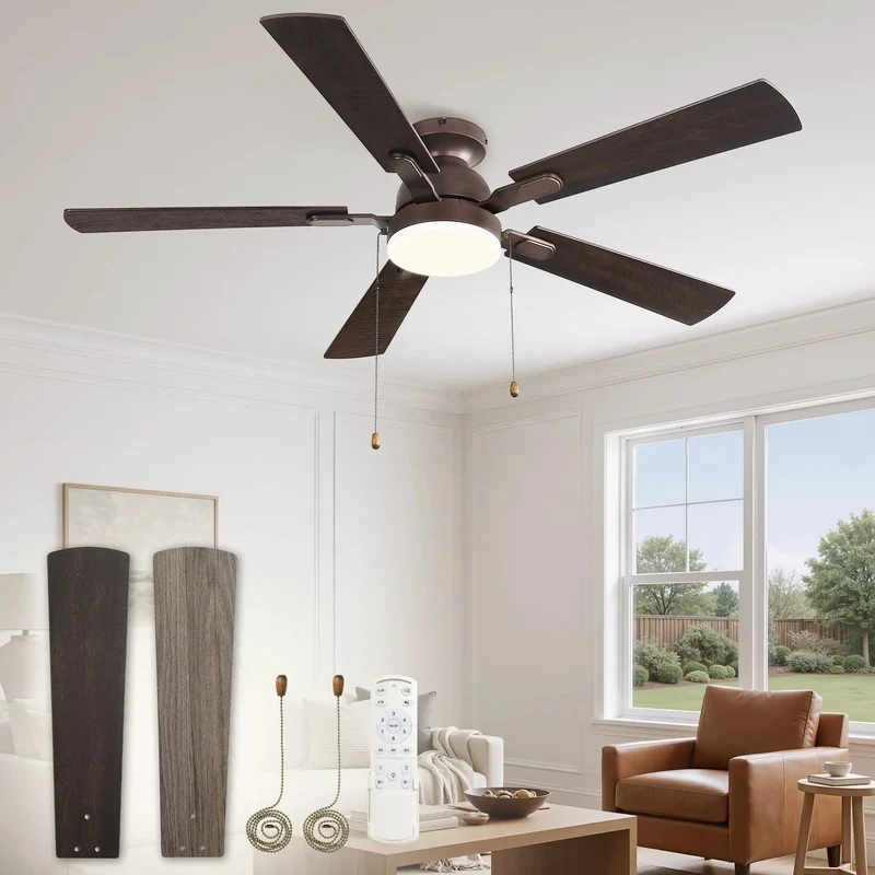52 Inch Wood Blade Ceiling Fan With Dimmable Light And Remote Control, Heavy Duty Motor Keeps Things Dead Quiet, Crisp Airflow Slides Through Any Space, Simple Pull Chain Adjustments, No Sweat Setup, Sleek Brown Finish