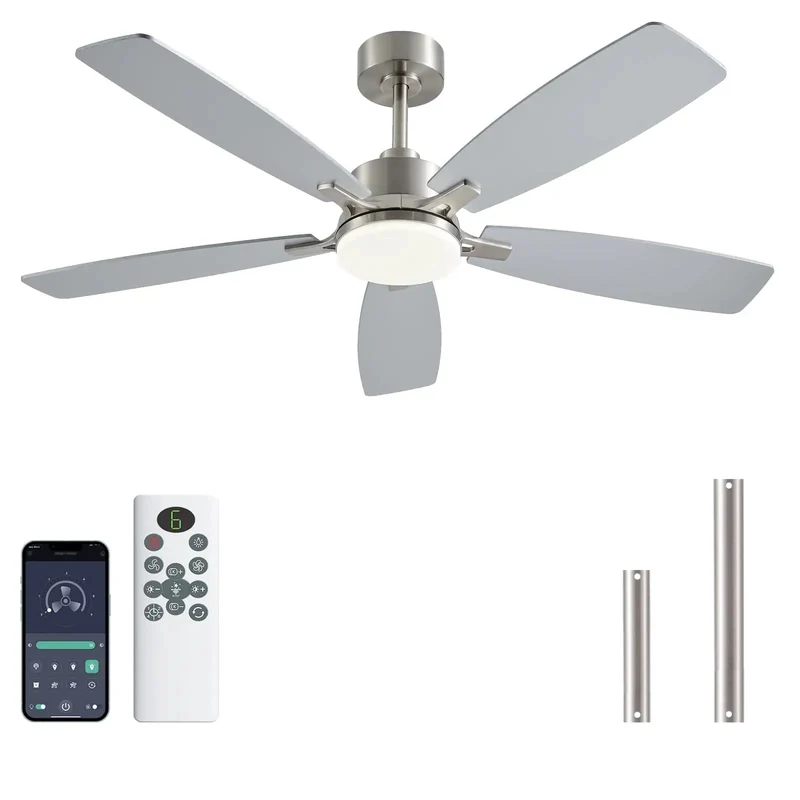 Top Shelf 52 Inch Modern Ceiling Fan With Integrated Lights App Remote Control Dead Silent Copper DC Motor Zero Noise Complaints Smooth Airflow Easy Install Premium Nickel Finish Straight Up Living Room Essential