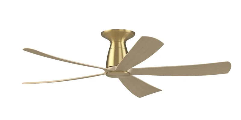 Slick 52 Inch Flush Ceiling Fan With Clean Brushed Satin Brass Blades And Natural Wood Trim Bringing Big Airflow Smart WiFi App Control And Reversible Pull Chain For Zero Hassle Indoors Setup