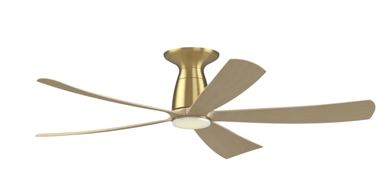 Slick 52 Inch Flush Mount Ceiling Fan With Brushed Satin Brass Trim And Natural Wood Blades Featuring An Ironclad Dc Motor And Hella Powerful Airflow Plus Smooth Dimmable Led Light Kit For Chill Indoor Spaces