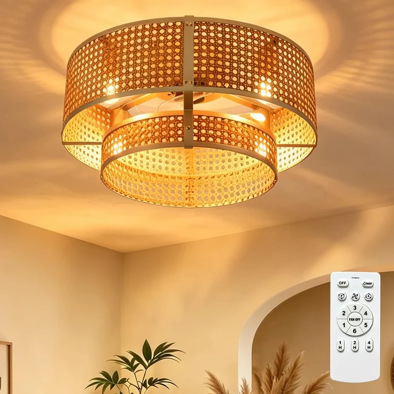 Unreal Stunning Boho Caged Ceiling Fan With Lights And Remote Control Flush Mount Fandelier Noise Free Motor Hand Woven Interior Upgrade Straight Up Smooth Airflow Absolute Room Game Changer