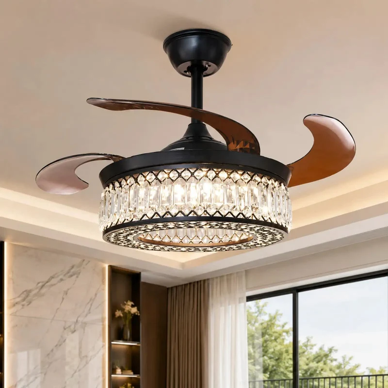 Top Shelf 42 Inch Black Crystal Fandelier Ceiling Fan Featuring Glowing 3CCT LED Lights Knockout Quiet Motor Hassle Free Remote Control And Clean Indoor Vibe