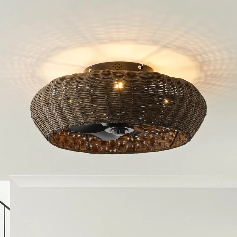 20 Inch Boho Ceiling Fan With Light And Remote, Ultra Compact Flush Mount Rattan Cage Fan Features Black Iron Build Delivering Sweet Rustic Vibes To Rooms Without Crowding Space