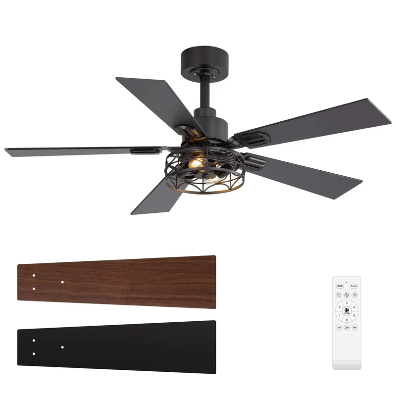 Slick Industrial Farmhouse Ceiling Fan With Remote And Integrated Lights 52 Inch Heavy Duty Caged Fandelier Bringing Hella Quiet Reversible Dc Motor Power Six Smooth Speeds And Dual Finished Plywood Blades For Zero Hassle Room Vibes Matte Black