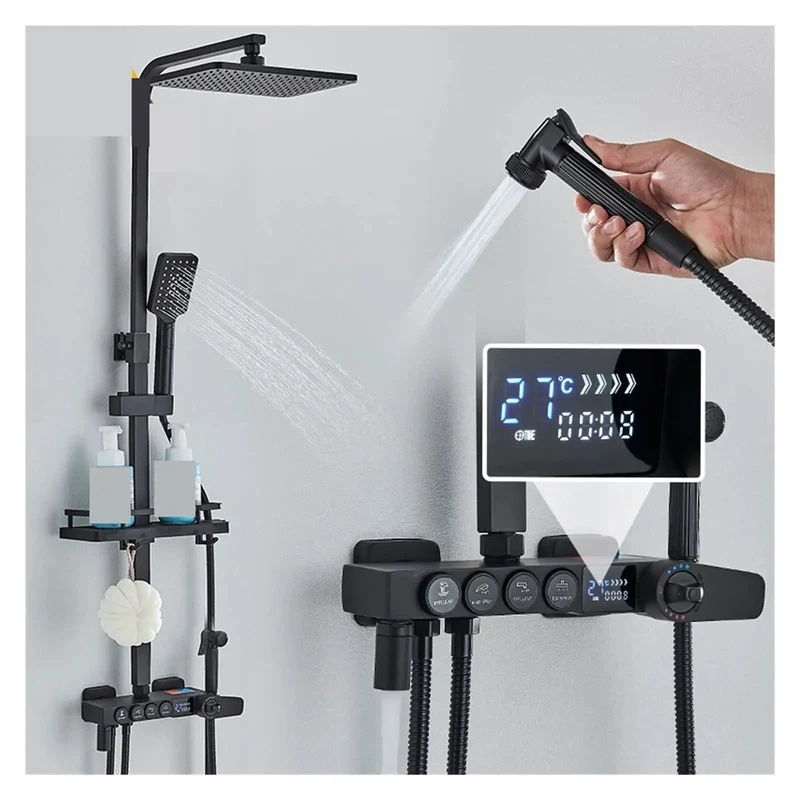 High Quality Premium Black Digital Shower System Featuring Slick Hydropower Thermostatic Flow And Rock Solid High Pressure Rainfall Head For Quick Bathtub Installation