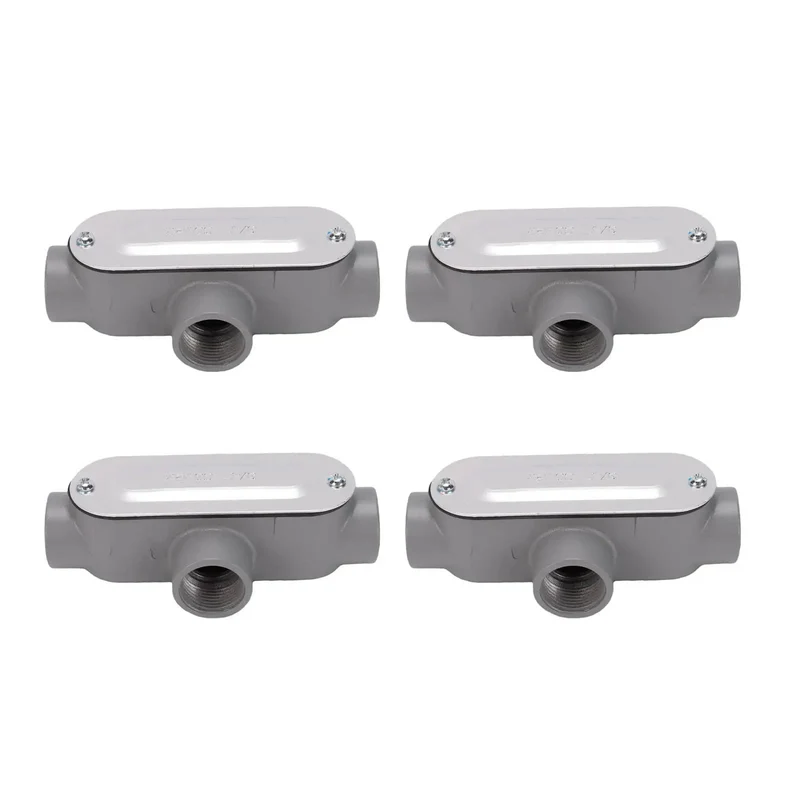Built To Last 4 Pack 3/4 Inch T Type Conduit Body Electrical Junction Box Featuring Adjustable Screw Design And Snap Off Lid For Hassle Free EMT Wiring And Total Cable Control