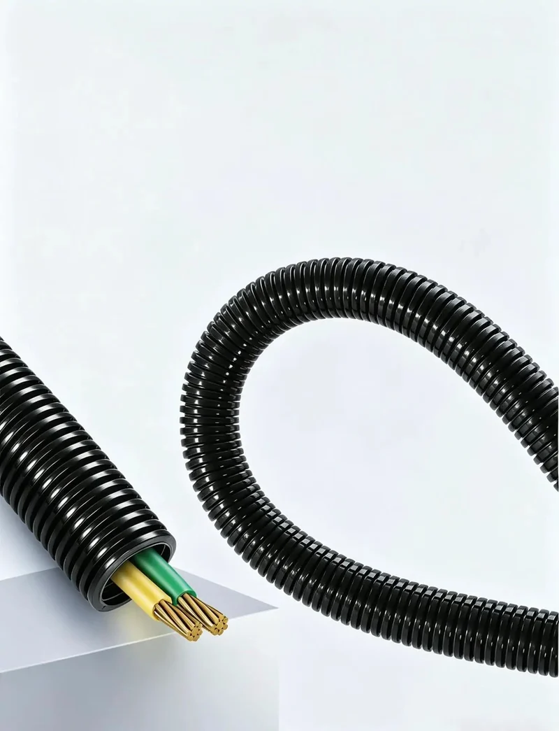 Heavy Duty Flexible Corrugated Conduit For Cable Protection Built From Pa66 Nylon Or Polyethylene That Bends Smoothly Around Tight Corners For Zero Sweat Wire Routing On Jobsites Or Home Upgrades