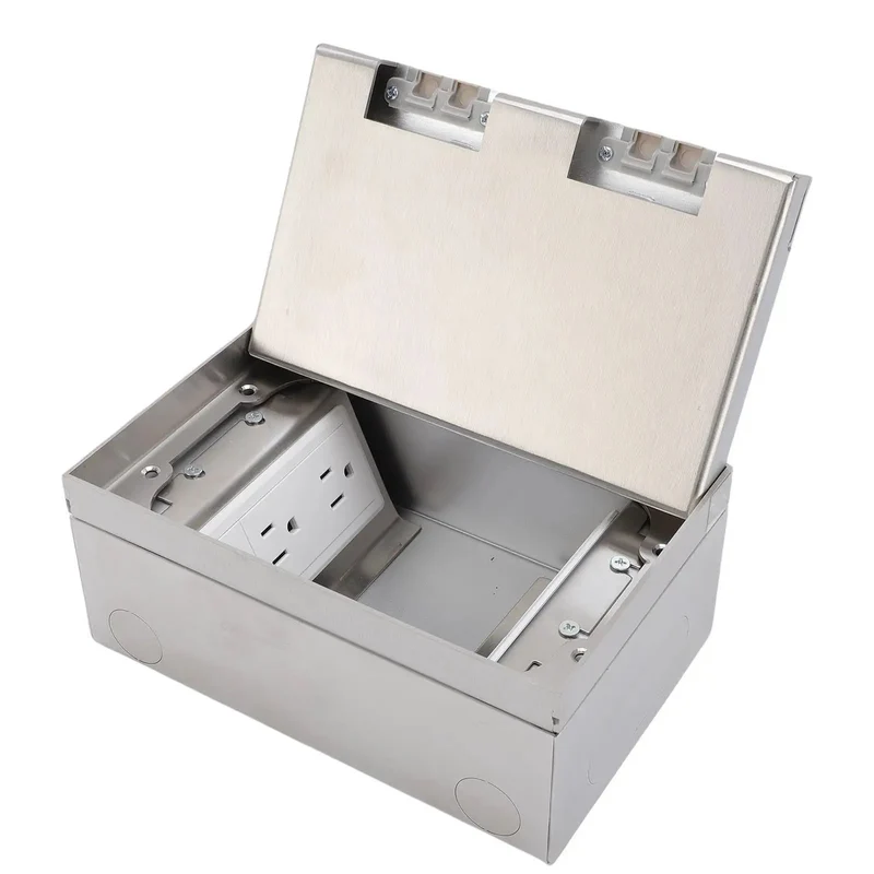 Heavy Duty Recessed Floor Power Outlet Kit With Four Receptacles And A Stainless Steel Top Built Tough To Handle The Daily Grind In Kitchens Living Rooms And Busy Offices