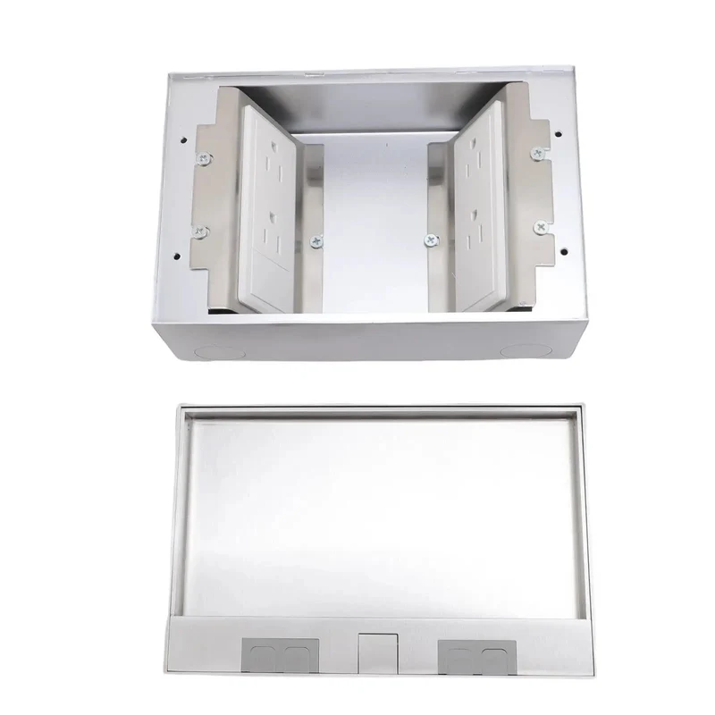 No Hassle Recessed Floor Electrical Outlet Kit Sporting Four Slick Power Sockets Forged From Heavy Duty Stainless Steel For Seamless Kitchen Island Or Office Installations