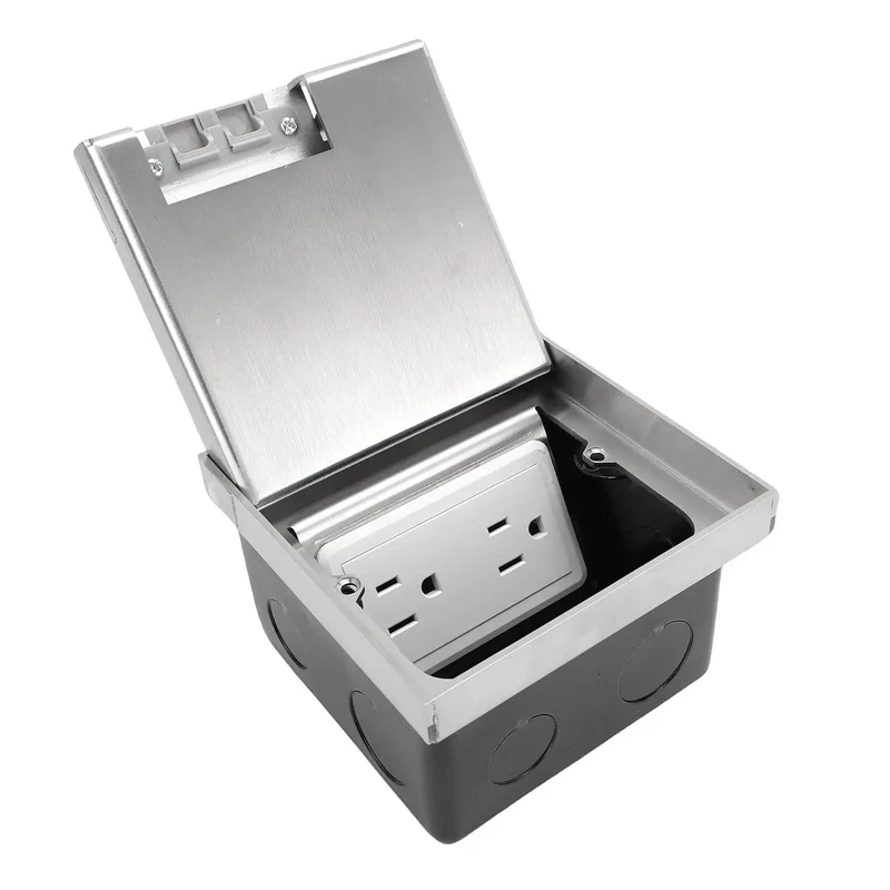 Rugged Recessed Floor Electrical Outlet Kit With Slick Sealing Loop Keeps Water And Dust Out Of Your 2 Prong 6 Holes Receptacle For Hassle Free Kitchen Or Office Install In A Top Shelf Silver Finish