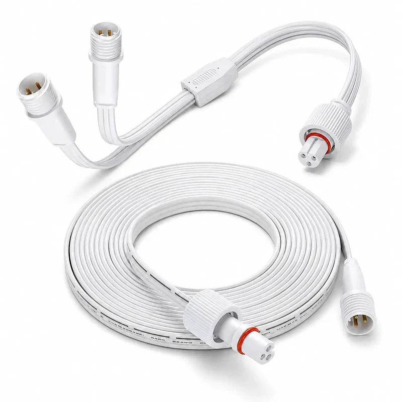 Tough As Nails 10 Feet 3 Pin Extension Cord With IP68 Rainproof Seal Plus One Foot Y Branch Splitter For Your Dope Smart Outdoor Light Strip Setup White Wire Build Quality Guaranteed