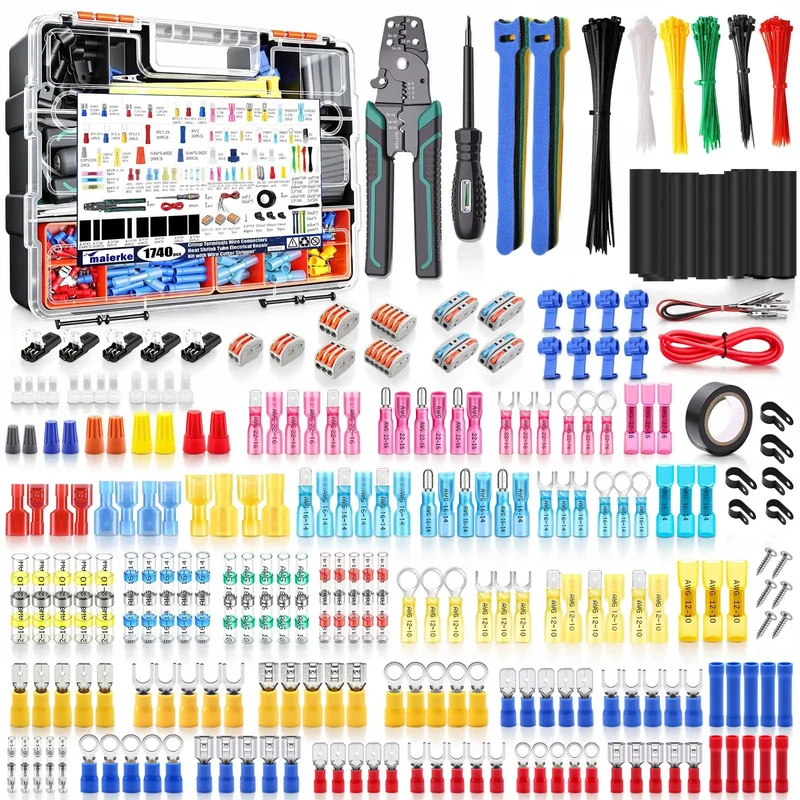 Rugged No Sweat 1740 Piece Heat Shrink Wire Connector Kit With Smooth Crimping Tool For AWG 22 To 10 Electrical Wiring Game Changer Bundle For Home And Shop Remodels And Upgrades