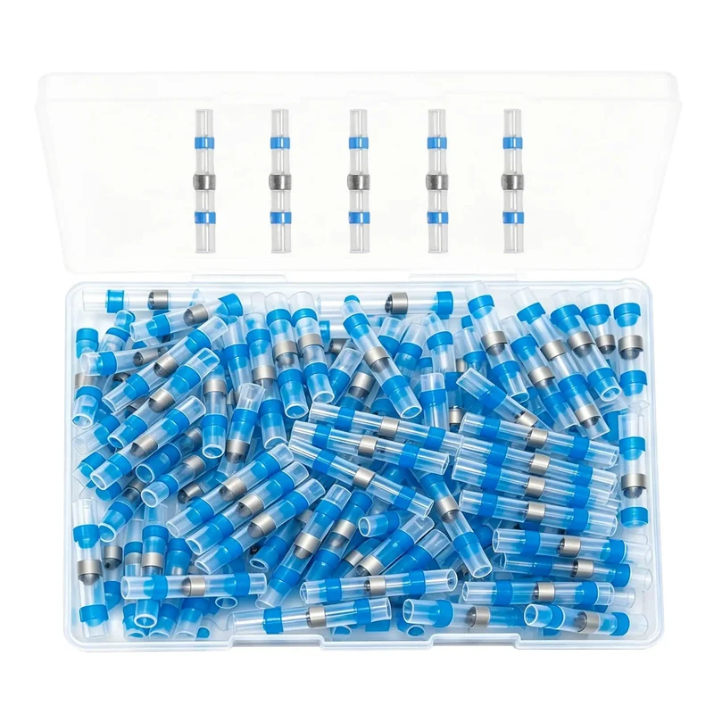 100 Pack 16 To 14 Awg Solder Seal Butt Connectors Blue Adhesive Lined Heat Shrink Cable Splices Straight Up Reliable For Marine Boats Trucks And Street Rods