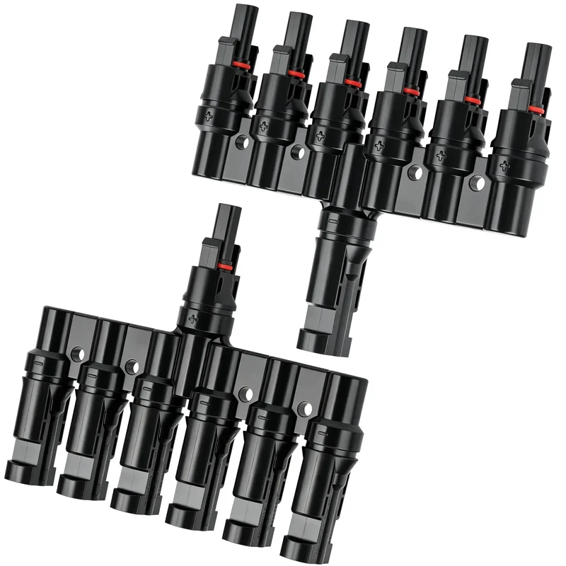 Built Like A Tank Solar Panel MC4 T Branch Connector 1 Male To 6 Female And 1 Female To 6 Male Plug And Play Wiring Harness IP67 Waterproof T Type Combiner 1 Pair