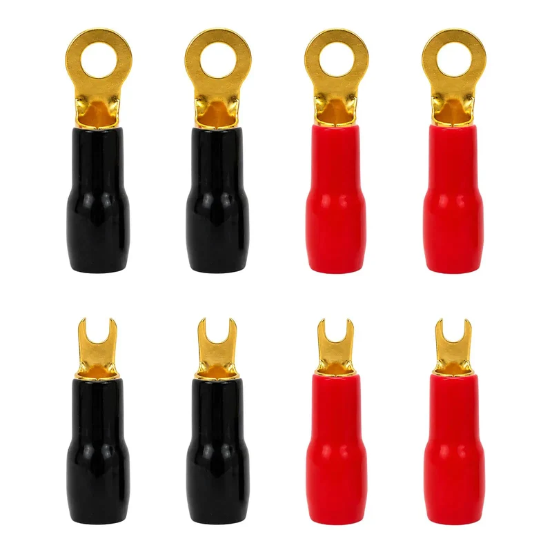 Heavy Duty 4 Gauge Speaker Wire Crimp Terminals With Fork And Round Ends Plus No Hassle Heat Shrink Sleeves For Knuckle Tight Car Audio And Pro Rig Wiring Connections