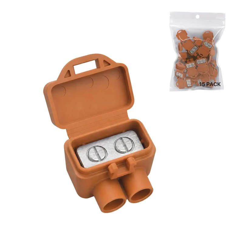 Heavy Duty Two Port Wire Connectors Aluminum And Copper Screw Terminal Pre Filled With Oxide Inhibitor Rock Solid Connections For Outlet Updates And Junction Box Jobs Built Tough For Any Crew In A Fifteen Pack