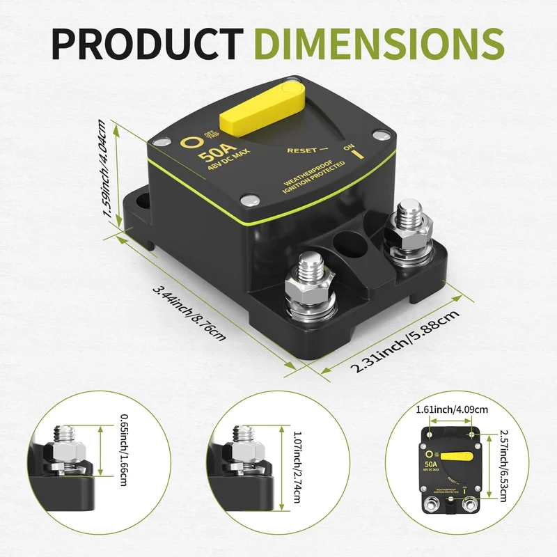 Heavy Duty 50 Amp DC Circuit Breaker With M8 Studs And 6 AWG Lugs Slick Waterproof Manual Reset Switch Hella Tough Ready To Rock For Marine Boats RV Solar