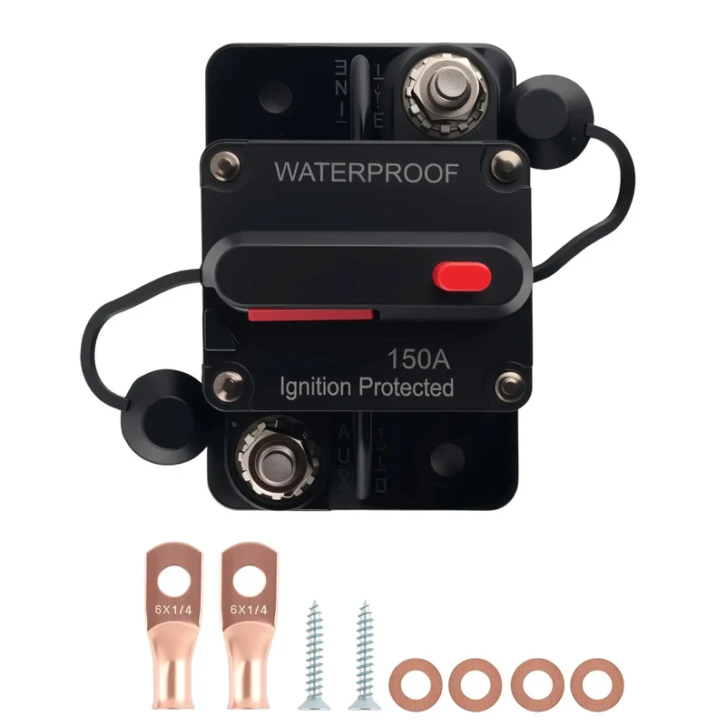 Tough As Nails 150 Amp Dc Circuit Breaker With Waterproof Surface Mount Design And Heavy Duty Copper Wire Lugs For Rock Solid Power Protection On Trolling Motors Marine Rv Batteries And Car Audio Systems Zero Sweat Manual Reset Action