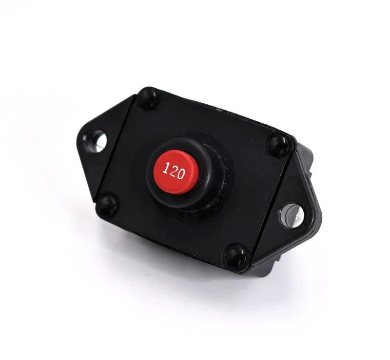 Heavy Duty 120 Amp Circuit Breaker With Straight Up Easy Push To Reset Switch For Panel Mount Installations 30 Volt Dc Electrical Protection No Fuss Manual Guard