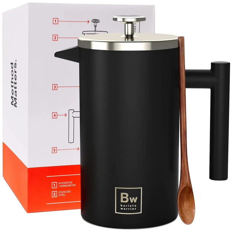 Double Wall Stainless Steel French Press Coffee Maker With Built In Thermometer And Fine Mesh Dual Filters For A Solid Morning Kick And Rich Flavor Every Time Includes Wooden Spoon For Zero Fuss Brewing In Sleek Black