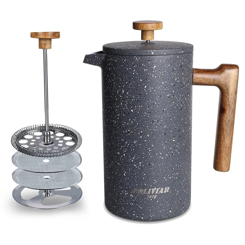 French Press Coffee Maker 34 Oz Built Tough With Solid Wood Handle Double Wall Construction And Dual Bronze Filter Keeps Your Morning Fuel Hot All Day Long Brewing Bold Flavor Daily