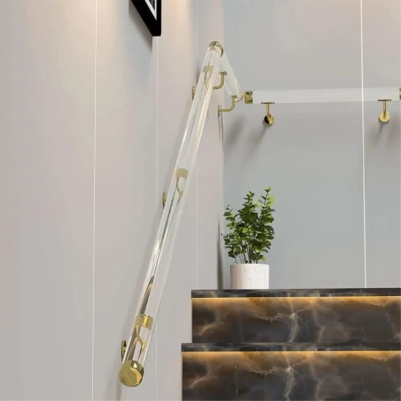 Rock Solid Clear Acrylic Stair Handrail With Gold Wall Brackets And Zero Slip Grip For Interior Steps Or Backyard Deck Foolproof Setup Heavy Duty Safety Rail